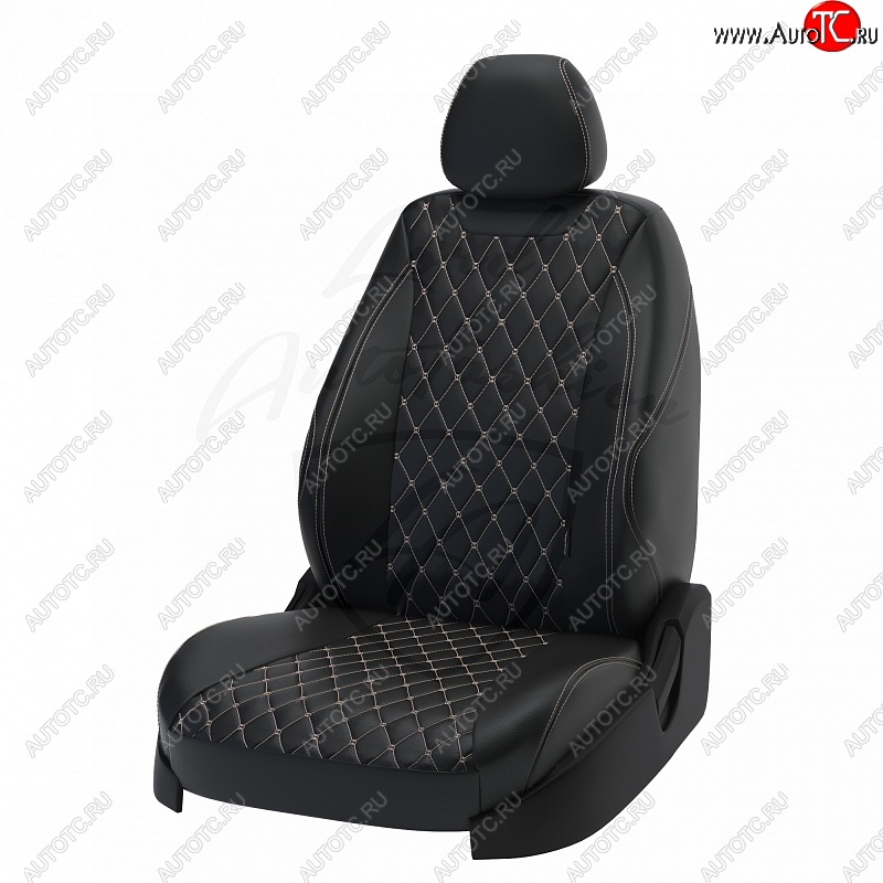 16 999 р. Чехлы для сидений (3 Г подгол) Lord Autofashion Байрон (экокожа) Renault Logan 2 рестайлинг (2018-2024) (Чёрный, вставка чёрная, строчка бежевая)