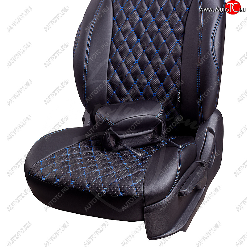 16 999 р. Чехлы для сидений Lord Autofashion Байрон (экокожа, 60/40, 3 Г-образных подголовника)  Renault Logan  2 (2018-2024) (Черный, вставка черная, строчка синяя)