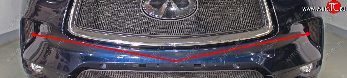 1 779 р. Защитная сетка радиатора в передний бампер (ячейка 3х7 мм, боковые 2 части) Стрелка11 Стандарт  INFINITI Qx50 (2018-2024) (цвет: черный)
