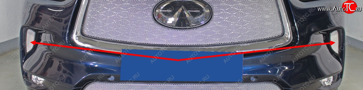 1 899 р. Защитная сетка радиатора в передний бампер (ячейка 3х7 мм, боковые 2 части) Стрелка11 Стандарт  INFINITI Qx50 (2018-2024) (цвет: хром)