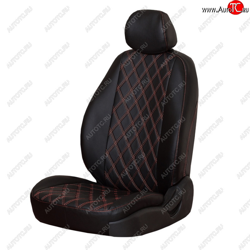 4 999 р. Комплект чехлов сидений (экокожа, 2/3) ПЕТРОВ Орегон Ромб  Hyundai Solaris  седан (2010-2017), KIA Rio  QB (2011-2017) (черный/красная нить)