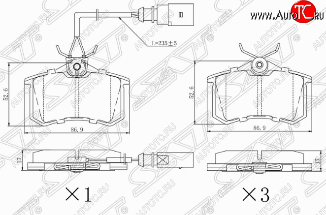929 р. Комплект задних тормозных колодок SAT (с датчиком износа) Skoda Octavia A7 дорестайлинг универсал (2012-2017)