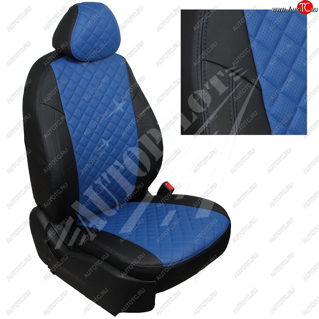 7 599 р. Чехлы сидений AUTOPILOT Экокожа Ромб (40/60 с вырезом под подлокотник, 2 П- и 3 Г-образных подголовника)  Skoda Rapid  NH3 (2012-2020), Volkswagen Polo  Mk6 (2020-2022) (Черный + Синий)