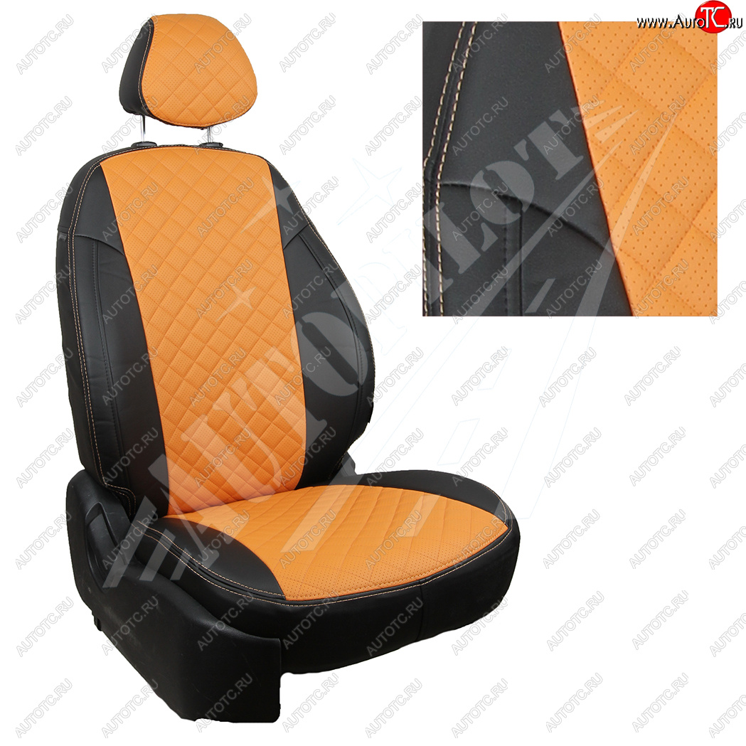 13 999 р. Чехлы сидений AUTOPILOT Экокожа Ромб (40/60 с вырезом под подлокотник, 2 П- и 3 Г-образных подголовника)  Skoda Rapid  NH3 (2012-2020), Volkswagen Polo  Mk6 (2020-2022) (Черный + Оранжевый)