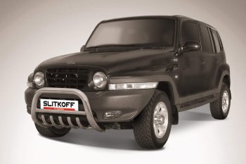 Защита переднего бампера Slitkoff (низкая с защитой картера, d76 мм) ТАГАЗ Tager 5d (2008-2012)  (Нержавейка)
