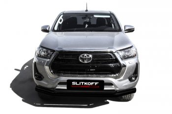 12 499 р. Защита переднего бампера Slitkoff (Ø 76+Ø 57 мм, двойная). Toyota Hilux AN120 1-ый рестайлинг (2017-2020) (Сталь с полимерным покрытием. Цвет: черный). Увеличить фотографию 2