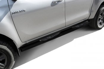 Защита порогов Slitkoff (Ø 76 мм, с проступями) Toyota (Тойота) Hilux (Хайлюкс)  AN120 (2017-2020) AN120 1-ый рестайлинг  (Сталь с полимерным покрытием. Цвет: черный)