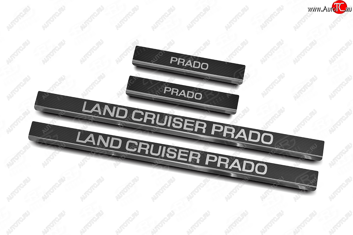 2 599 р. Накладки порожков салона Russtal  Toyota Land Cruiser Prado  J150 (2009-2020) (Нержавейка с покрытием карбон и надписью)