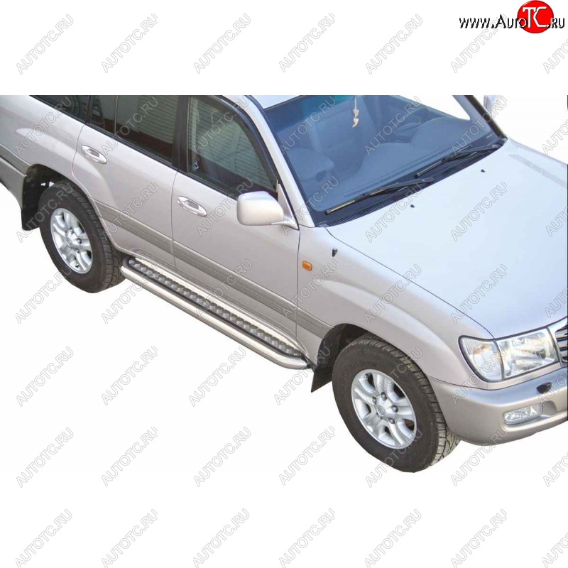 11 399 р. Защита порогов ТехноСфера (Техно Сфера) (Сталь с покрытием, с алюминиевым листом, d63.5 mm) Toyota Land Cruiser 100 1-ый рестайлинг (2002-2005) (цвет: Серебристый)