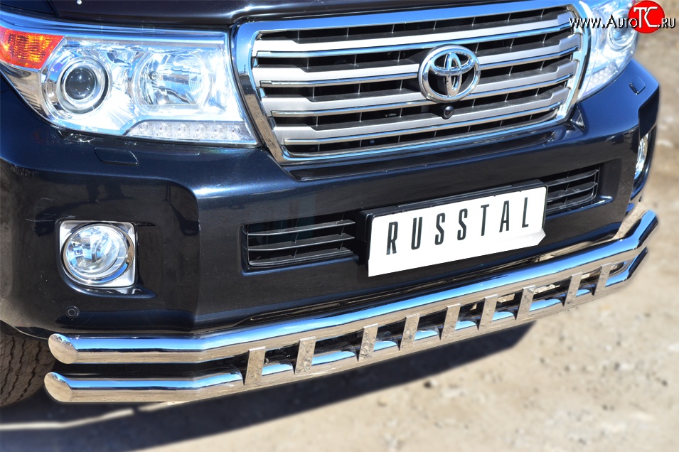 18 799 р. Защита переднего бампера (2 трубыØ63 мм с декор. элементами, нержавейка) Russtal  Toyota Land Cruiser  200 (2012-2015)