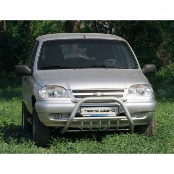 5 999 р. Защита переднего бампера ТехноСфера (Техно Сфера) (низкая с защитой двигателя, Сталь с покрытием, d63.5 mm)  Chevrolet Niva  2123 (2002-2008), Лада 2123 (Нива Шевроле) (2002-2008) (цвет: Серебристый). Увеличить фотографию 1