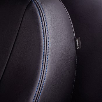 9 249 р. Чехлы для сидений Lord Autofashion Турин Ромб (экокожа, сплошная спинка, подлокотник, 2 П- и 1 Г-образных подголовника)  Volkswagen Polo  5 (2009-2020) (Черный, вставка черная, строчка синяя). Увеличить фотографию 4