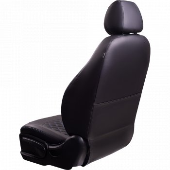 9 249 р. Чехлы для сидений Lord Autofashion Турин Ромб (экокожа, сплошная спинка, подлокотник, 2 П- и 1 Г-образных подголовника)  Volkswagen Polo  5 (2009-2020) (Черный, вставка черная, строчка синяя). Увеличить фотографию 3