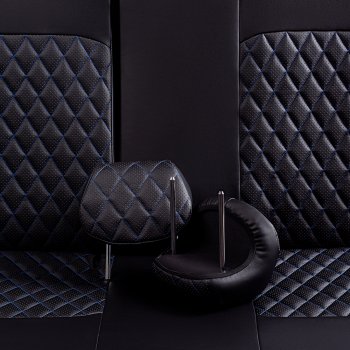 9 249 р. Чехлы для сидений Lord Autofashion Турин Ромб (экокожа, сплошная спинка, подлокотник, 2 П- и 1 Г-образных подголовника)  Volkswagen Polo  5 (2009-2020) (Черный, вставка черная, строчка синяя). Увеличить фотографию 5