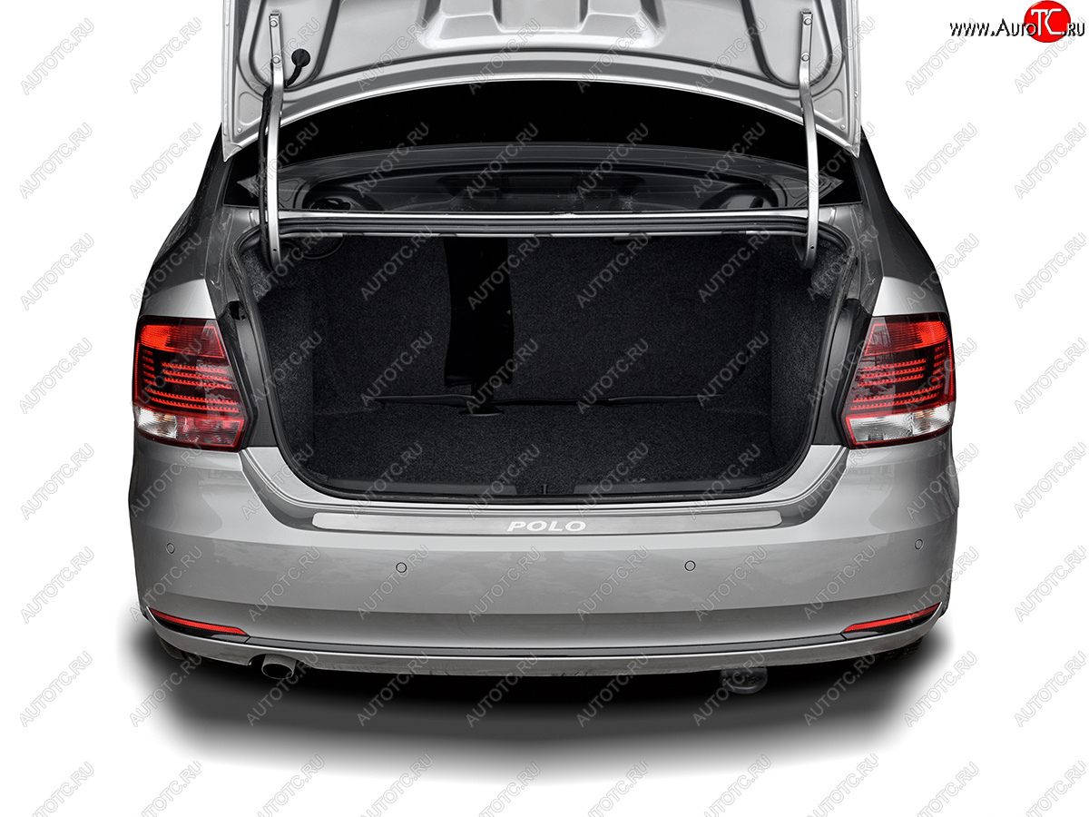 2 099 р. Защитная накладка заднего бампера Russtal  Volkswagen Polo  5 (2015-2020) (Нержавейка шлифованная с надписью)
